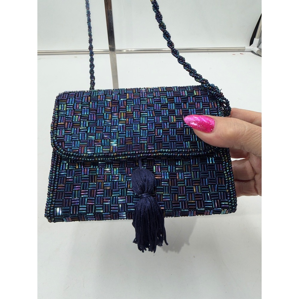 Cache Iridescent Beaded Evening Bag Navy Blue Oil Slick Tassel Shoulder Purse